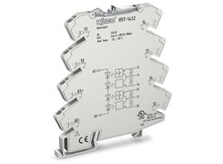 Double solid state relay module (2-port module with 2 x NO/NC contacts). Yellow LED for status indicator. Output 0,5 A. WAGO